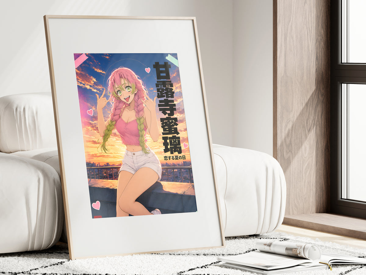 Demon Slayer Mitsuri Sunset Rooftop Rock On Anime Poster — i01462