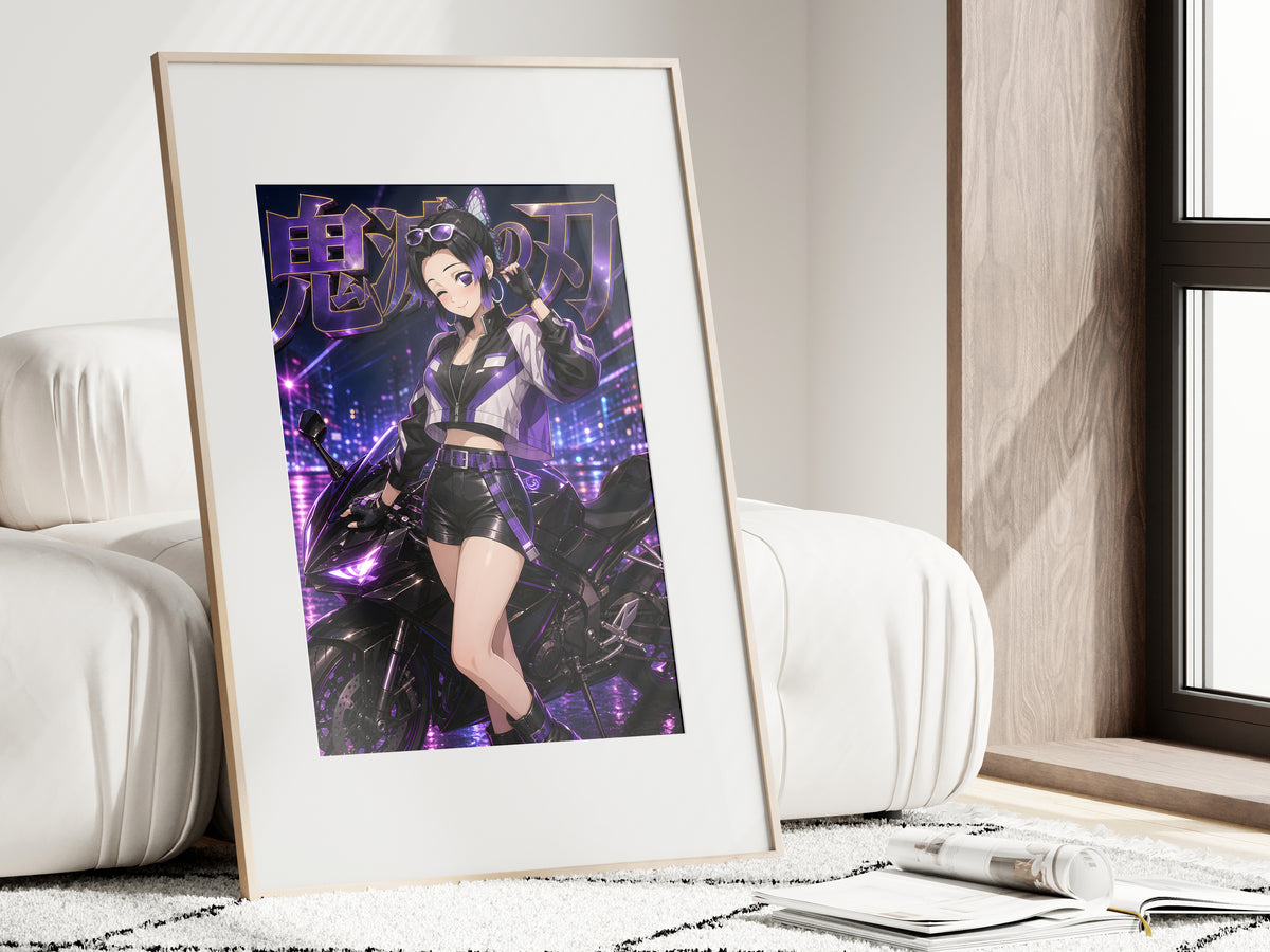 Demon Slayer Shinobu Purple Neon Motorcycle Anime Poster — i01462