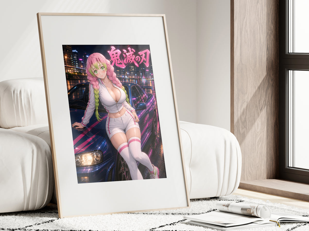 Demon Slayer Mitsuri Neon Skyline Sports Car Anime Poster — i01462