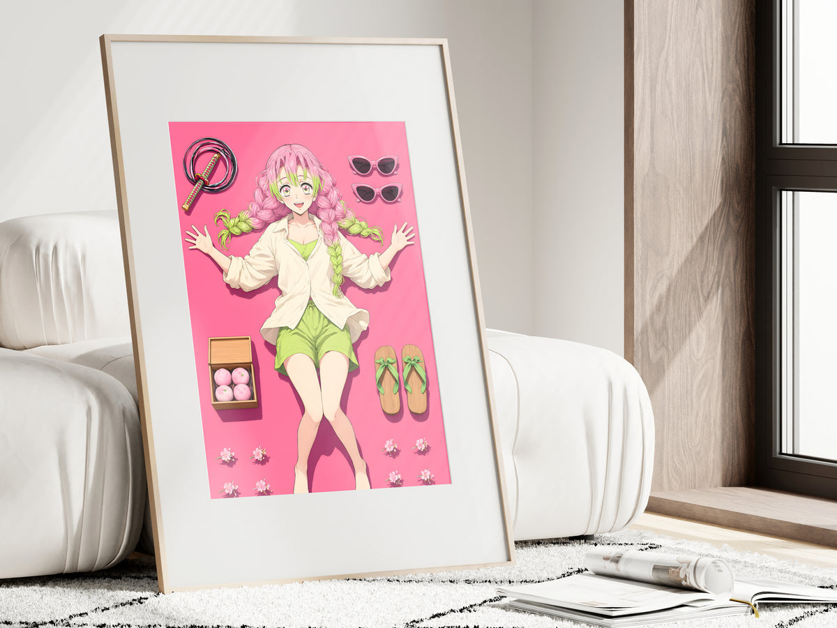 Demon Slayer Mitsuri Pink Flatlay Editorial Anime Poster — i01462