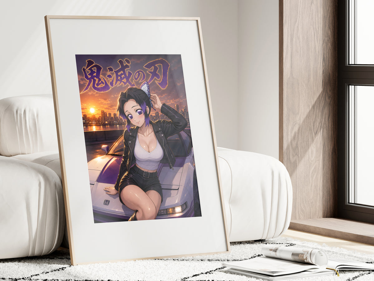 Demon Slayer Shinobu Sunset Sports Car Anime Poster — i01462