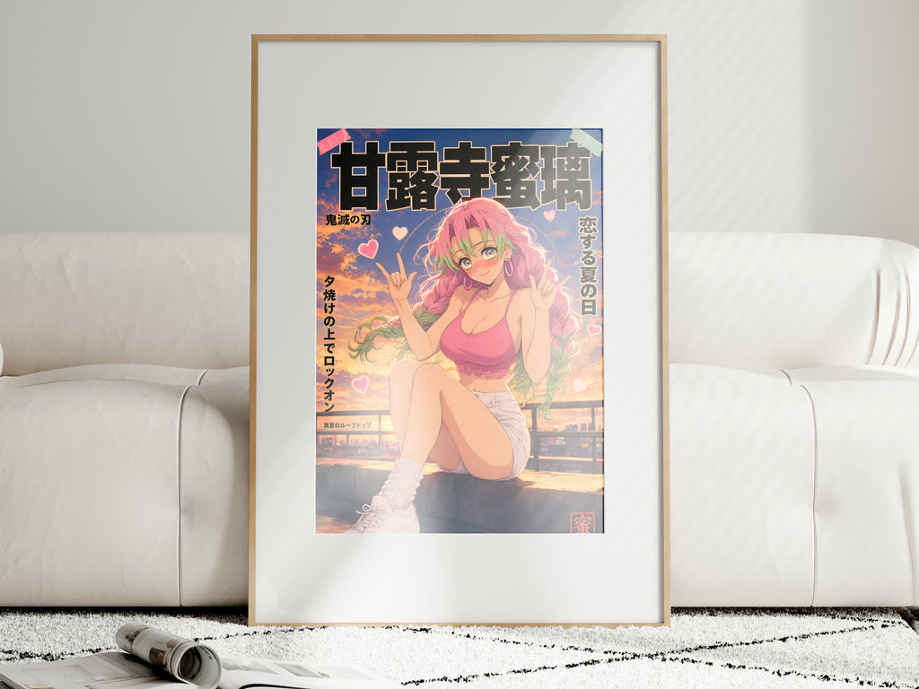 Demon Slayer Mitsuri Rooftop Peace Signs Anime Poster — i01463
