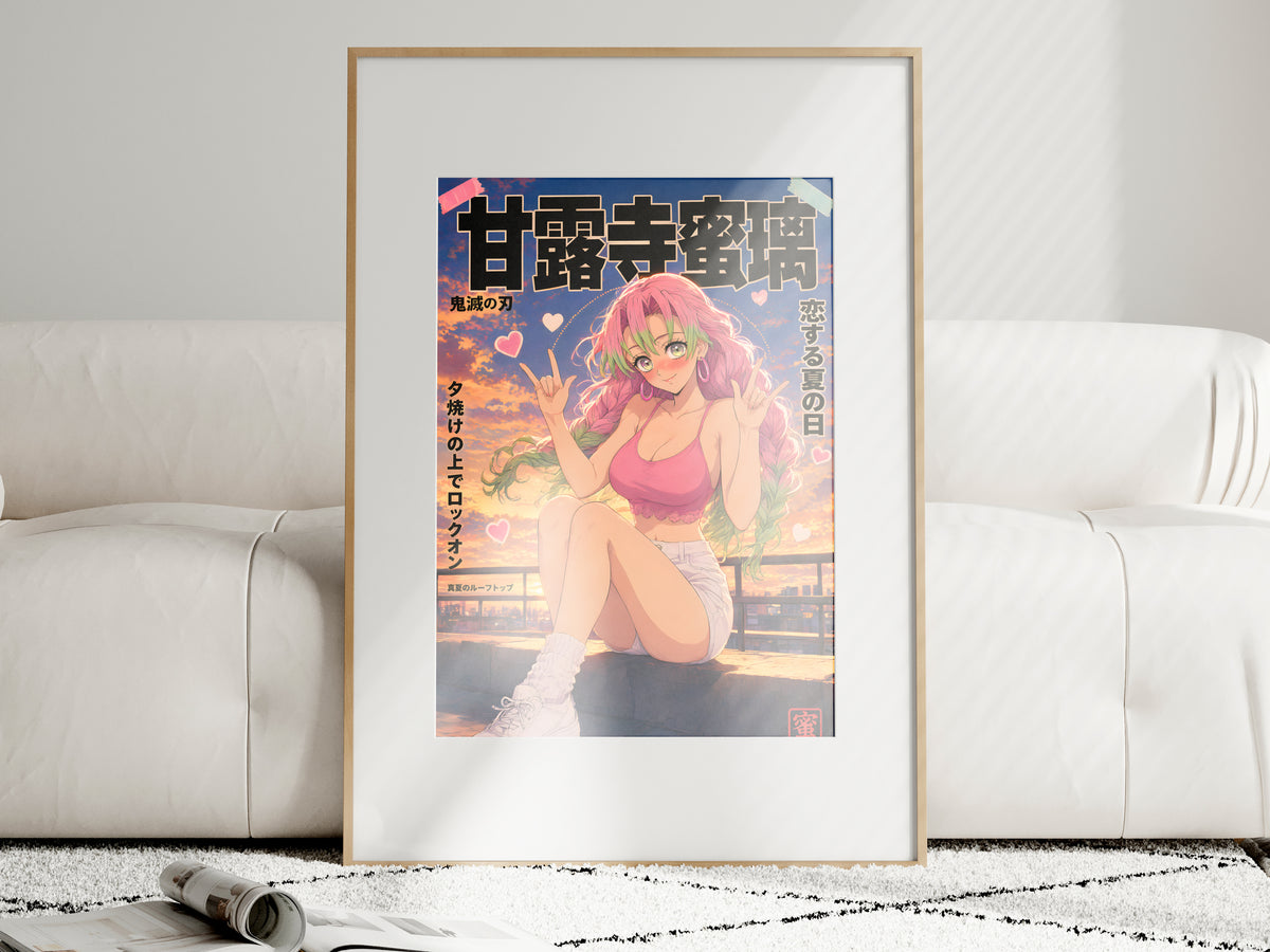 Demon Slayer Mitsuri Rooftop Peace Signs Anime Poster — i01463