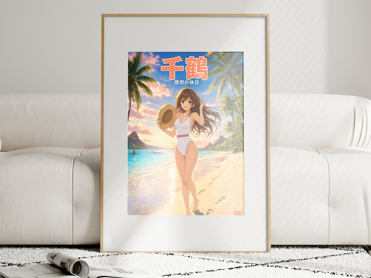 Rent-a-Girlfriend Chizuru Sunset Raised Sunhat Beach Anime Poster — i01463