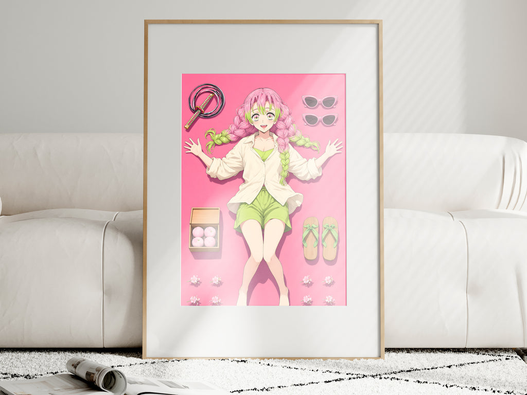 Demon Slayer Mitsuri Pink Flatlay Editorial Anime Poster — i01463