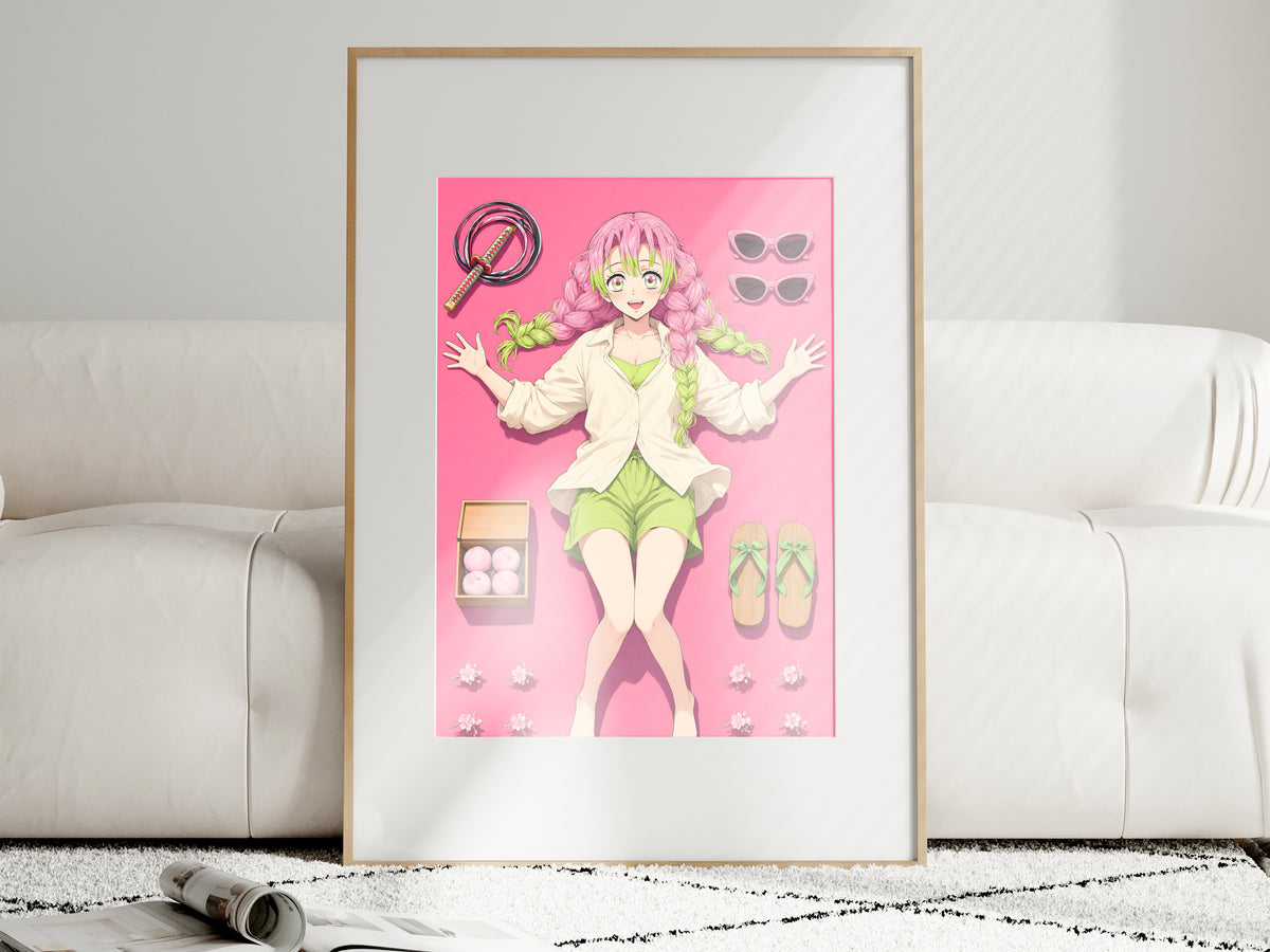Demon Slayer Mitsuri Pink Flatlay Editorial Anime Poster — i01463