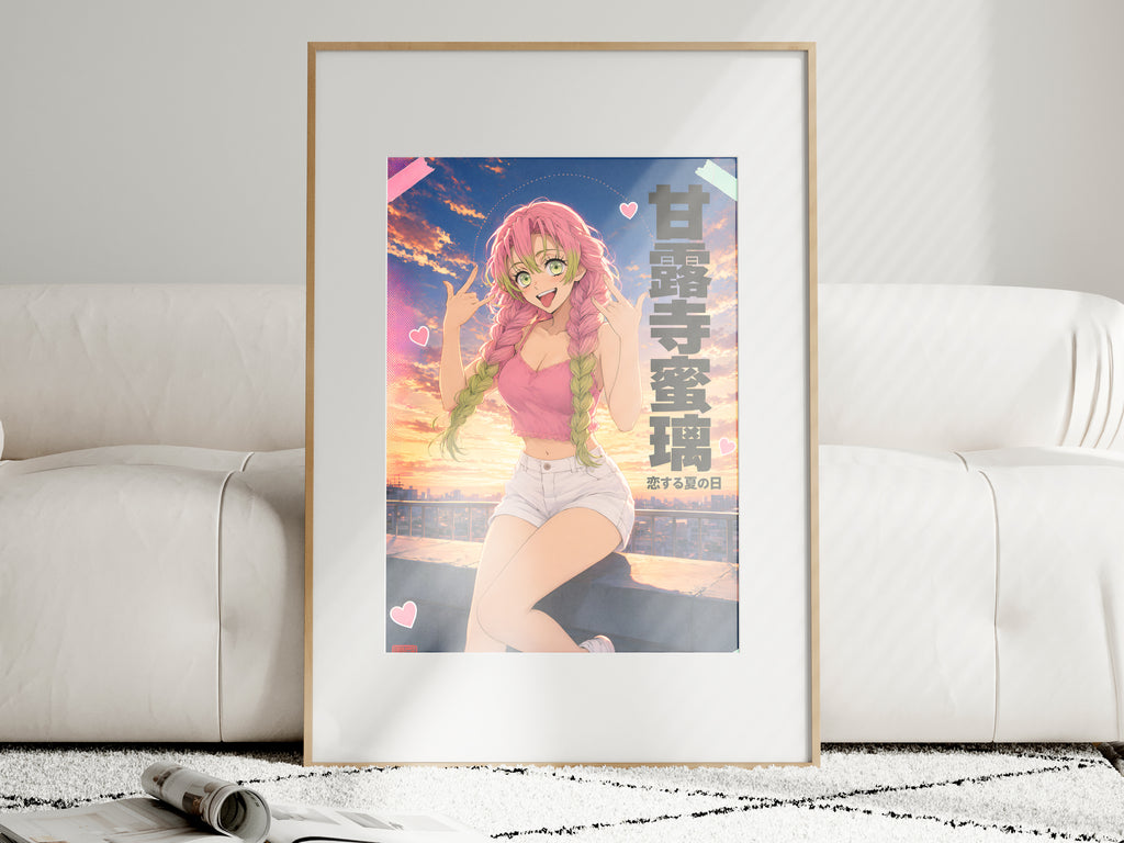 Demon Slayer Mitsuri Sunset Rooftop Rock On Anime Poster — i01463