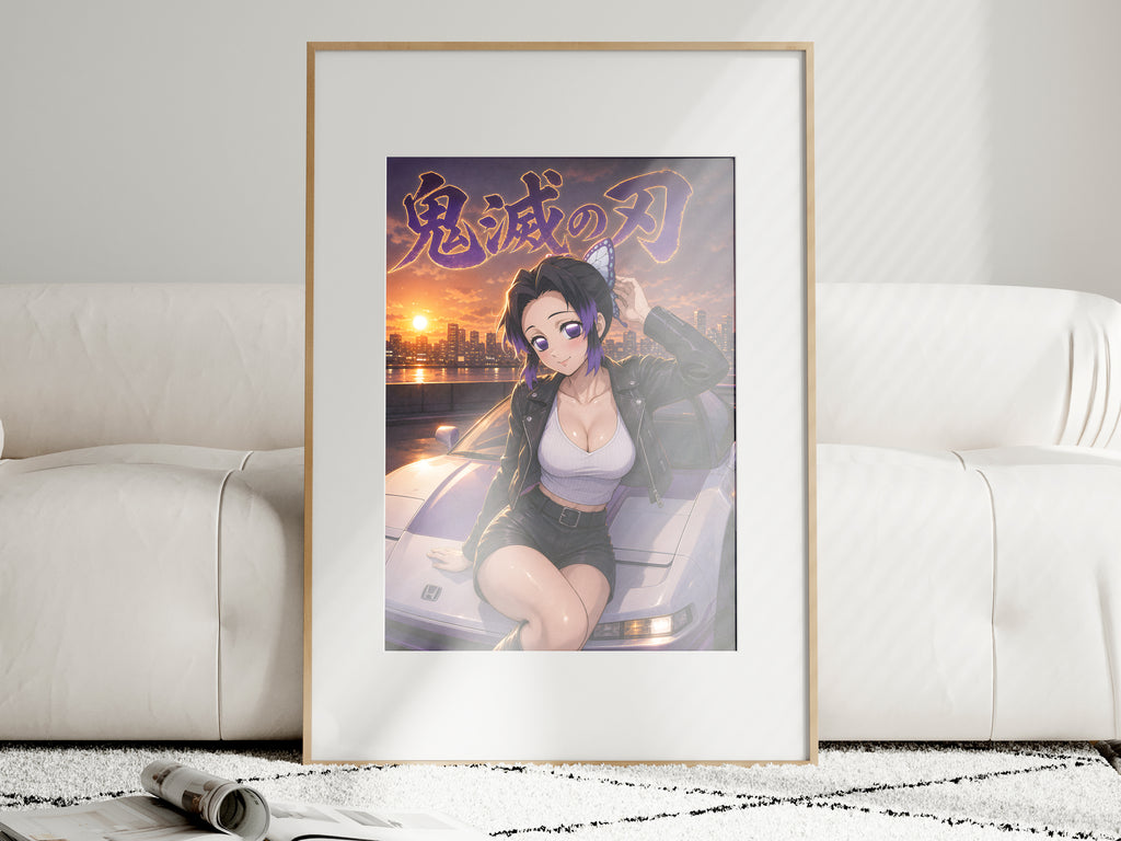 Demon Slayer Shinobu Sunset Sports Car Anime Poster — i01463