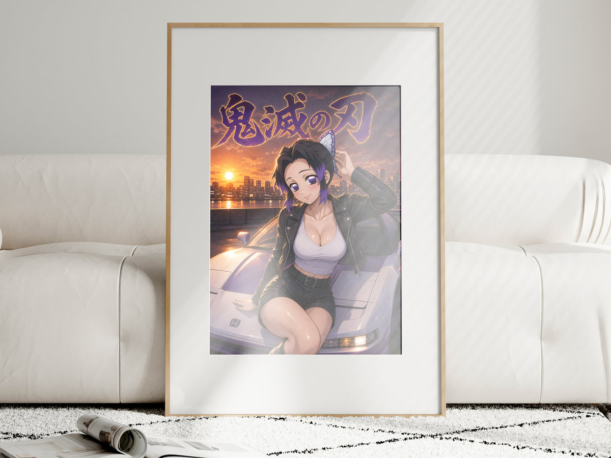 Demon Slayer Shinobu Sunset Sports Car Anime Poster — i01463