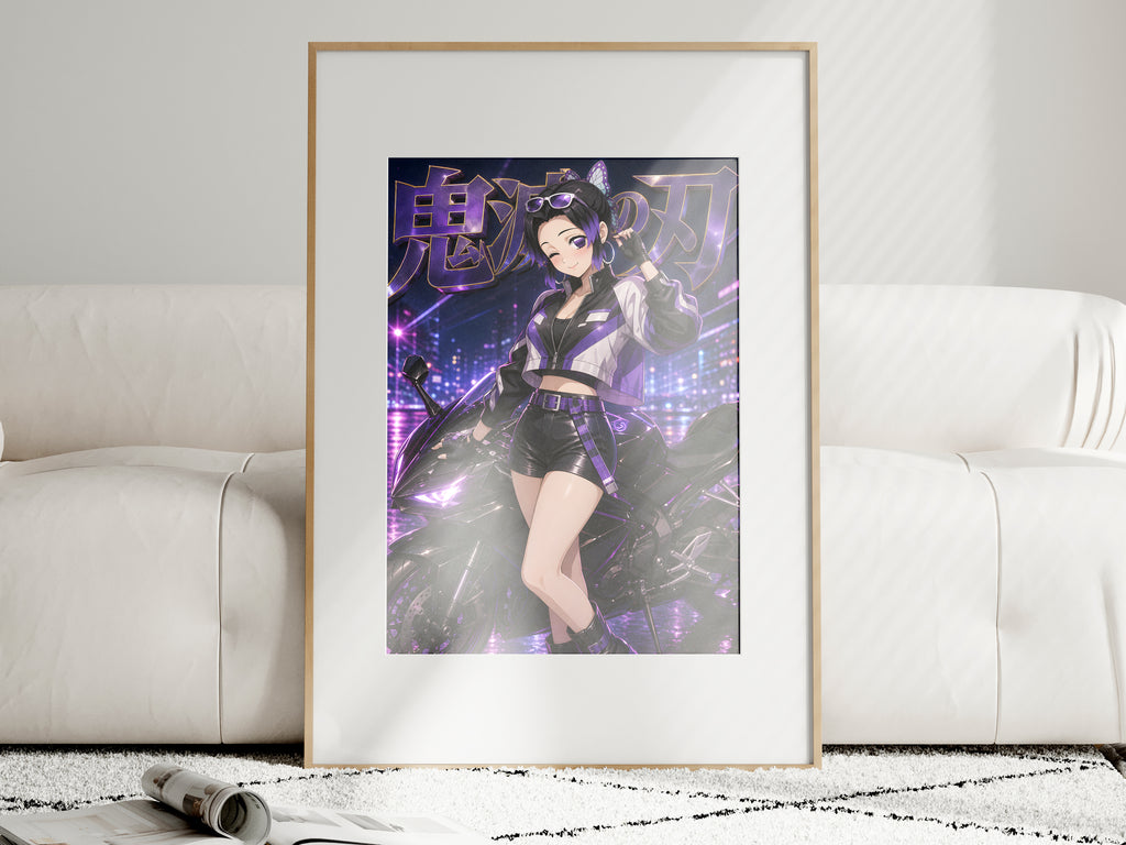 Demon Slayer Shinobu Purple Neon Motorcycle Anime Poster — i01463