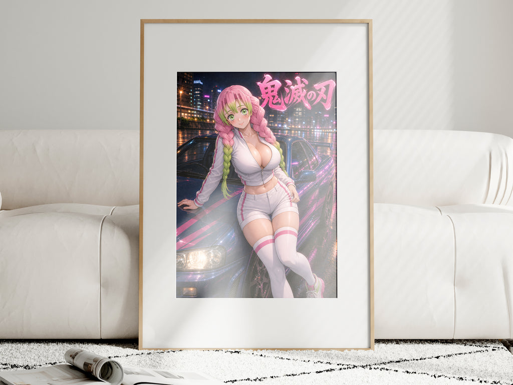 Demon Slayer Mitsuri Neon Skyline Sports Car Anime Poster — i01463