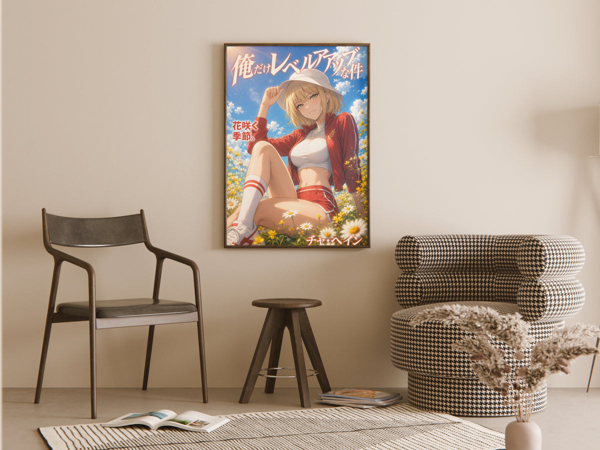 Solo Leveling Cha Hae-In Red Summer Flower Field Anime Poster — room