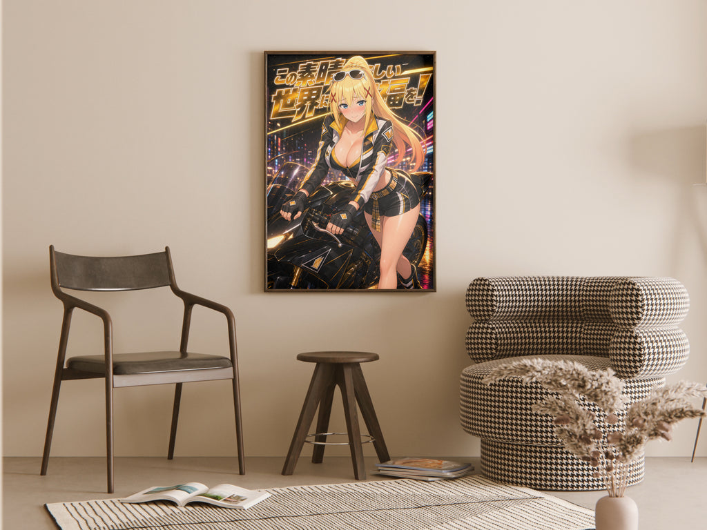 KonoSuba Darkness Black Gold Motorcycle Anime Poster — room
