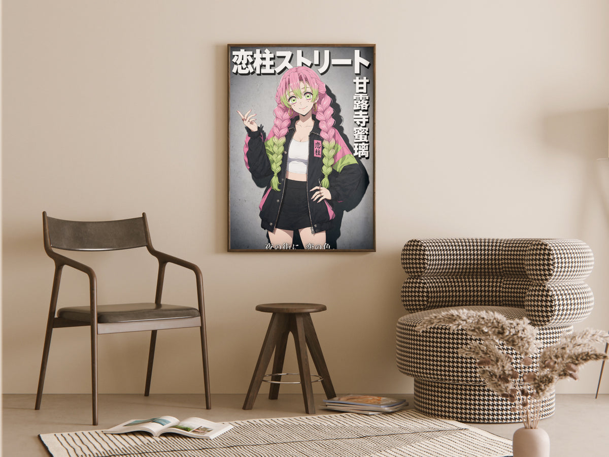 Demon Slayer Mitsuri Black Motorcycle Jacket Portrait Anime Poster — room