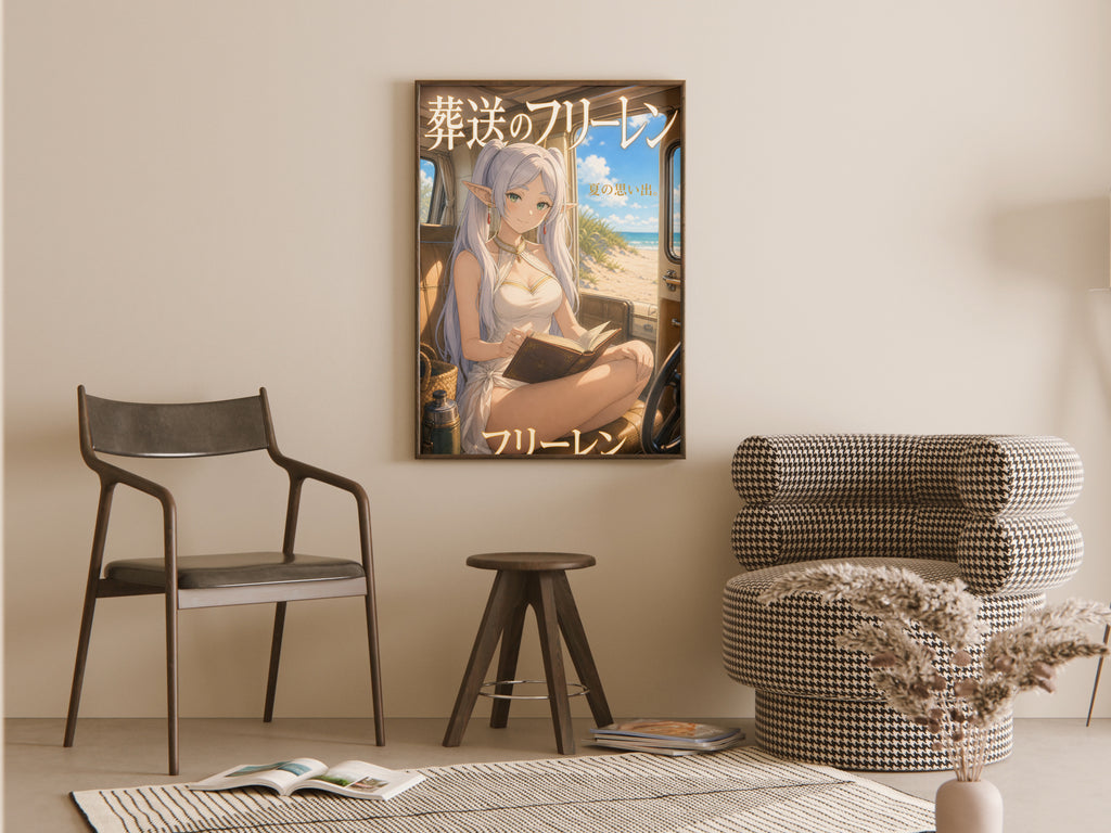 Frieren Beach Van Reading Anime Poster — room
