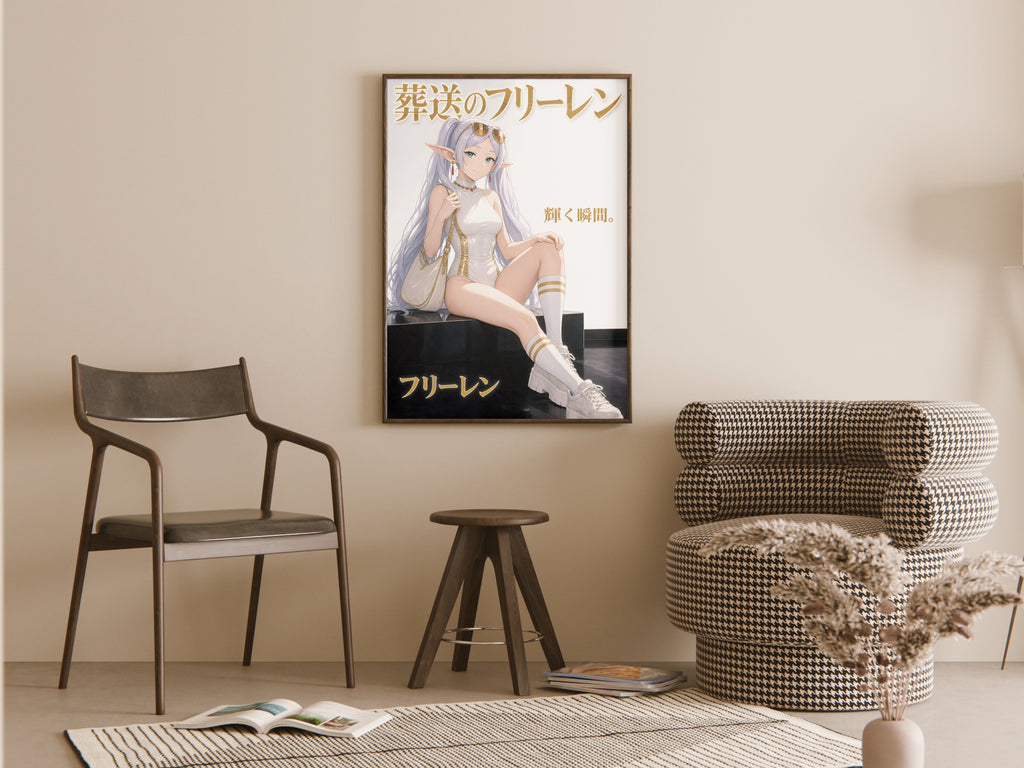 Frieren White Gold Luxe Fashion Anime Poster — room
