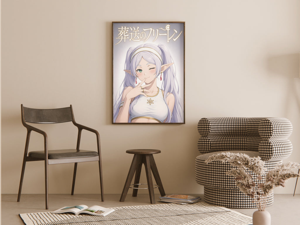 Frieren Winking Studio Portrait Anime Poster — room