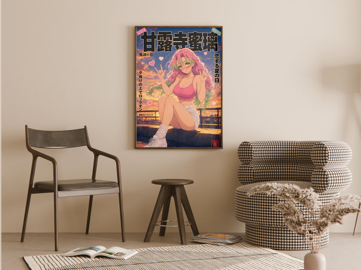 Demon Slayer Mitsuri Rooftop Peace Signs Anime Poster — room