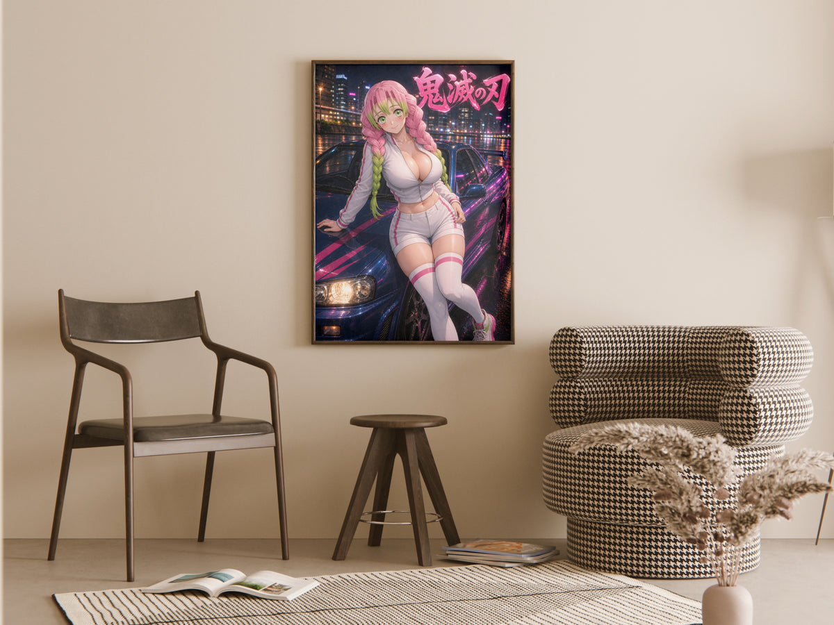 Demon Slayer Mitsuri Neon Skyline Sports Car Anime Poster — room