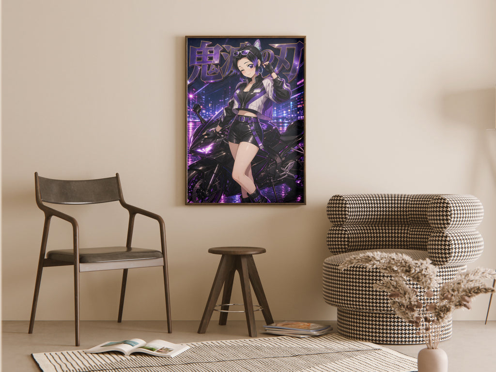 Demon Slayer Shinobu Purple Neon Motorcycle Anime Poster — room