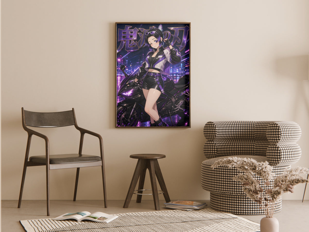Demon Slayer Shinobu Purple Neon Motorcycle Anime Poster — room