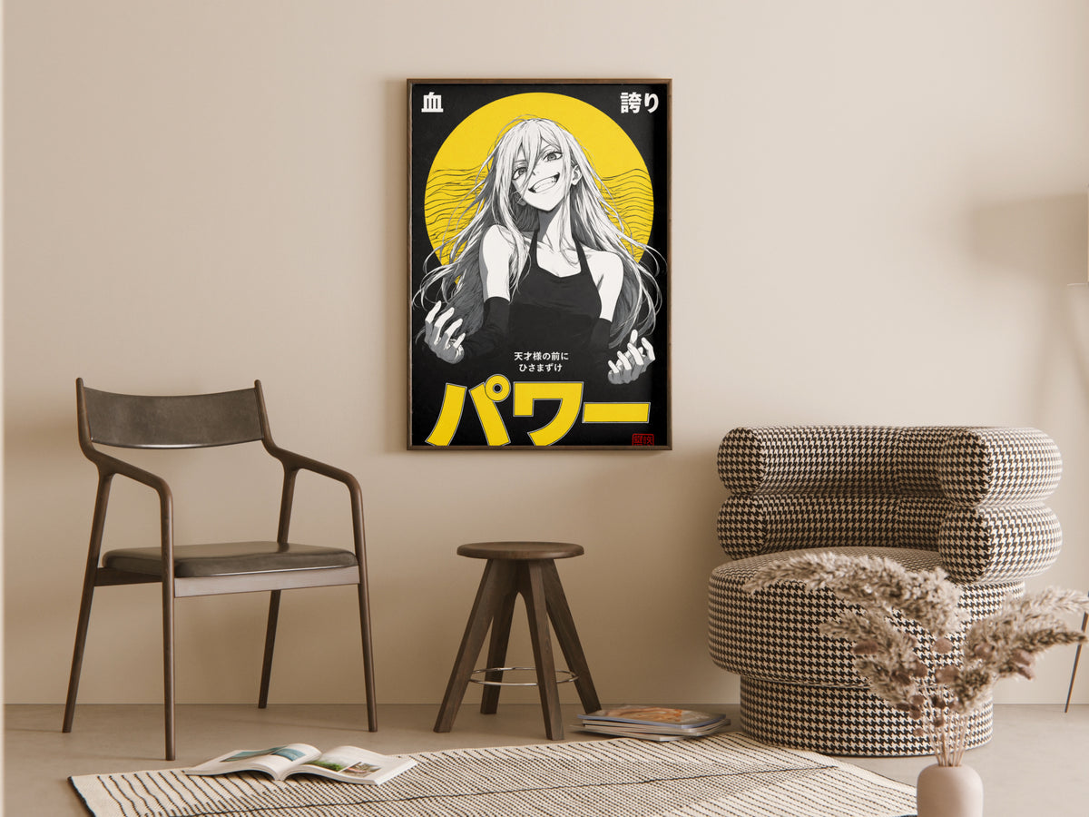 Chainsaw Man Power Monochrome Yellow Circle Portrait Anime Poster — room