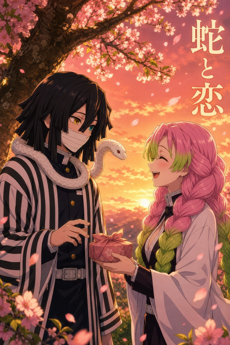 Demon Slayer Obanai Mitsuri Couple Golden Anime Poster