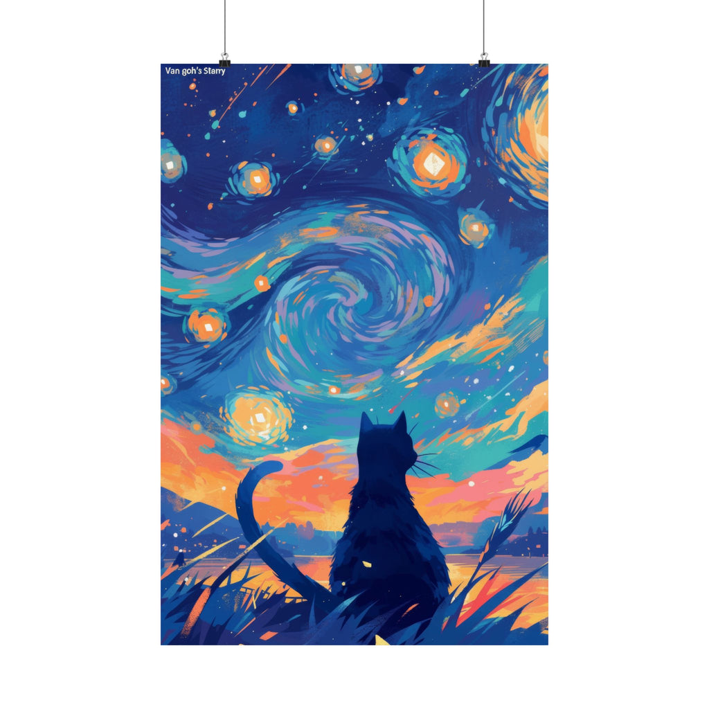 Black Cat Starry Night Cat Anime Poster