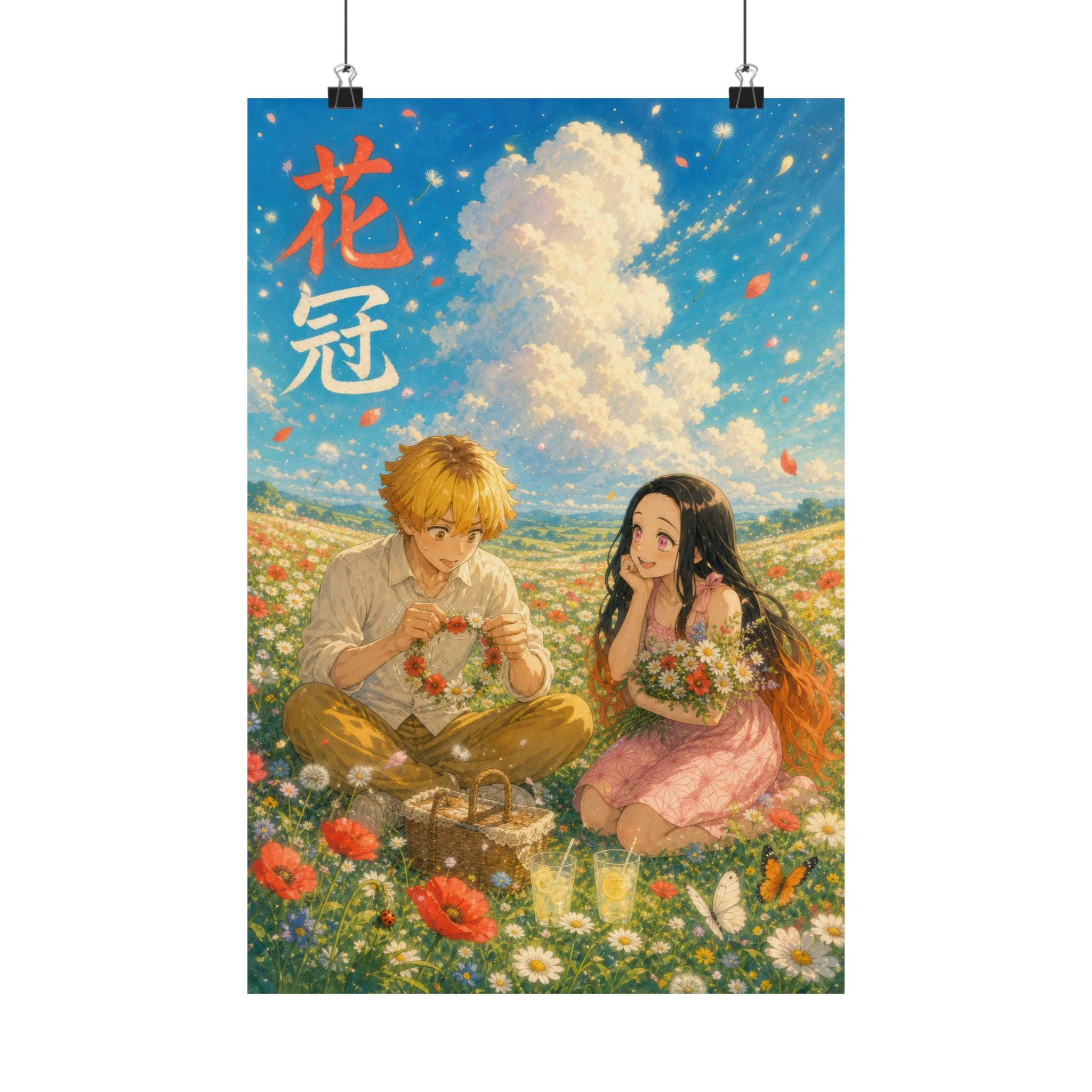 Demon Slayer Zenitsu Nezuko Dreamy Flower Crown Anime Poster
