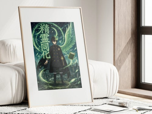 Framed poster above a desk