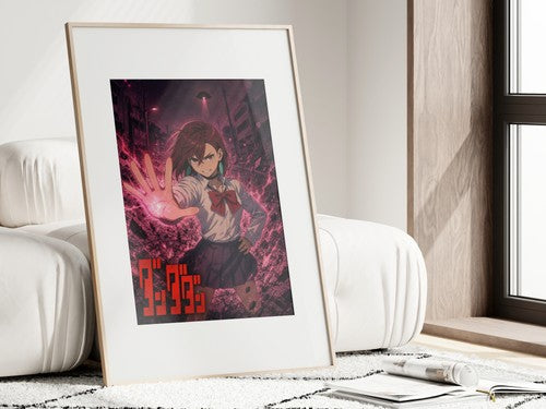 Framed poster above a desk