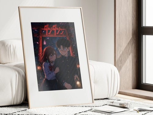 Framed poster above a desk