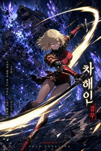 Solo Leveling Sl05 Haein Red Armor Raid Combat Cinematic Manhwa Anime Poster