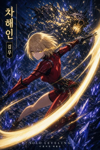 Solo Leveling Sl08 Haein Red Battle Suit Combat Cinematic Manhwa Anime Poster