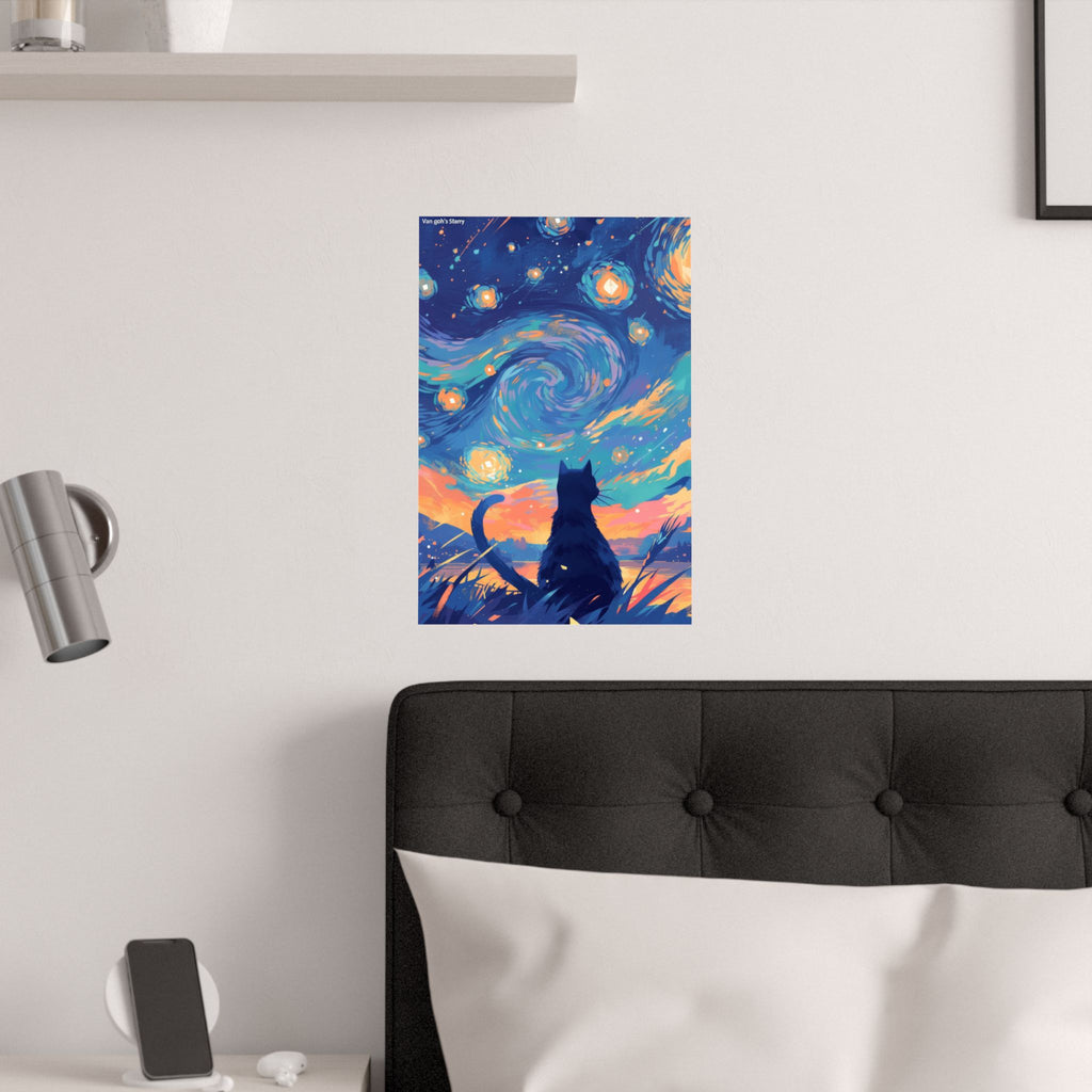 Black Cat Starry Night Cat Anime Poster