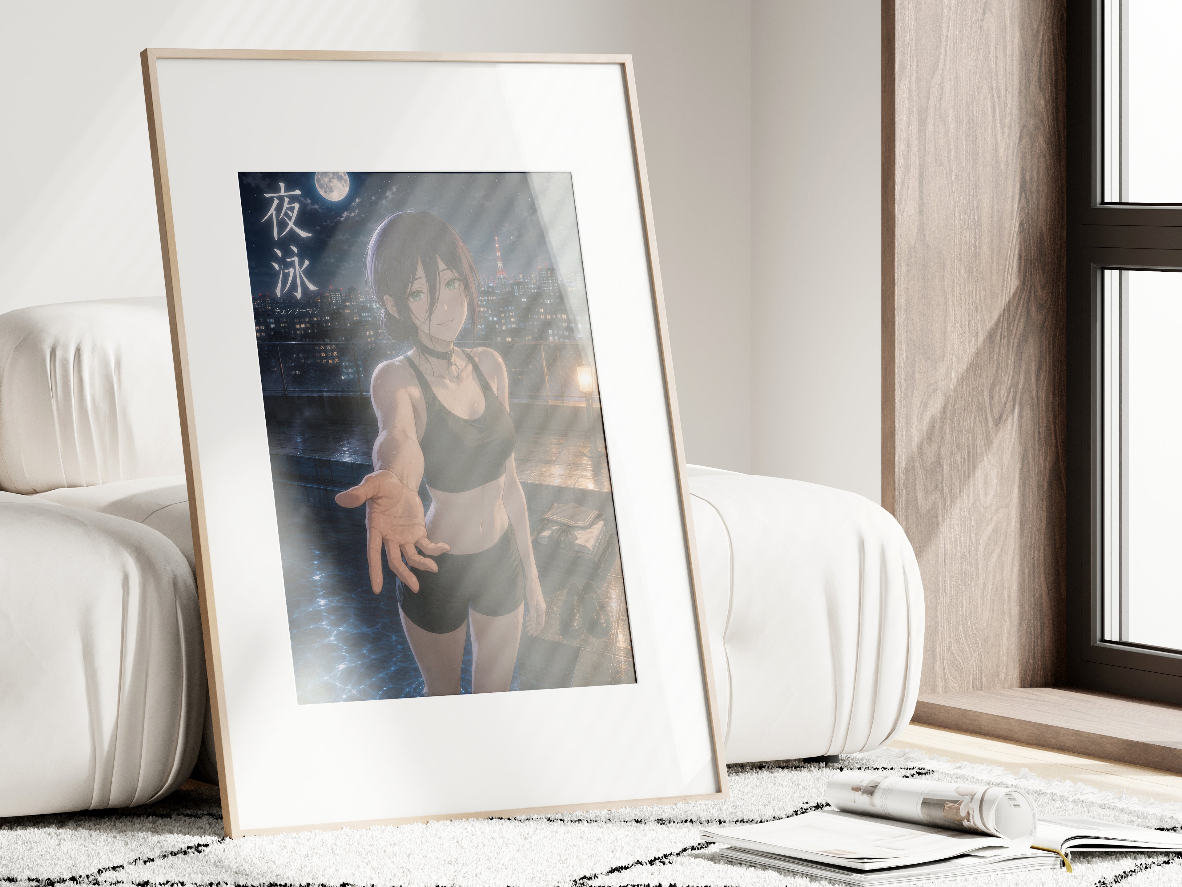 Reze Night Swim Chainsaw Man Anime Poster Moonlit City Pool Art Print