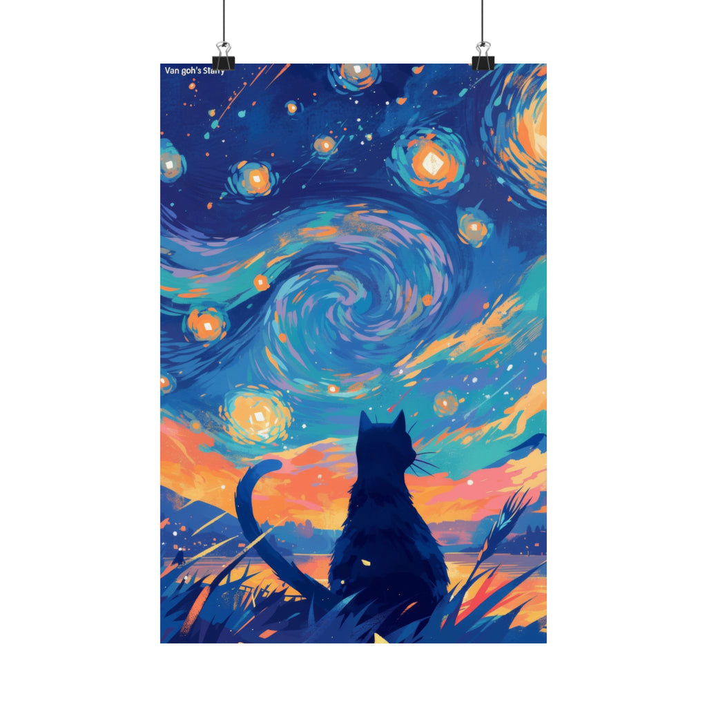 Black Cat Starry Night Cat Anime Poster