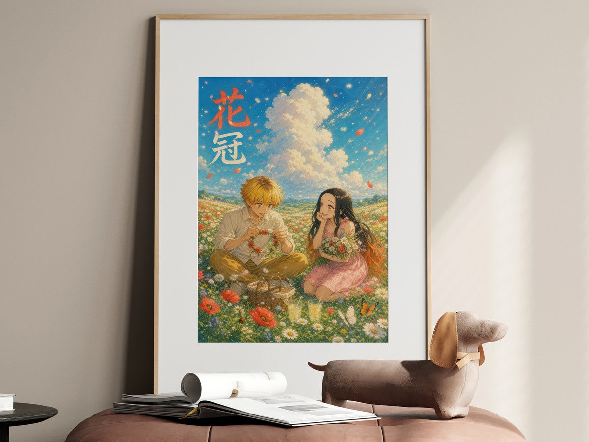 Demon Slayer Zenitsu Nezuko Dreamy Flower Crown Anime Poster