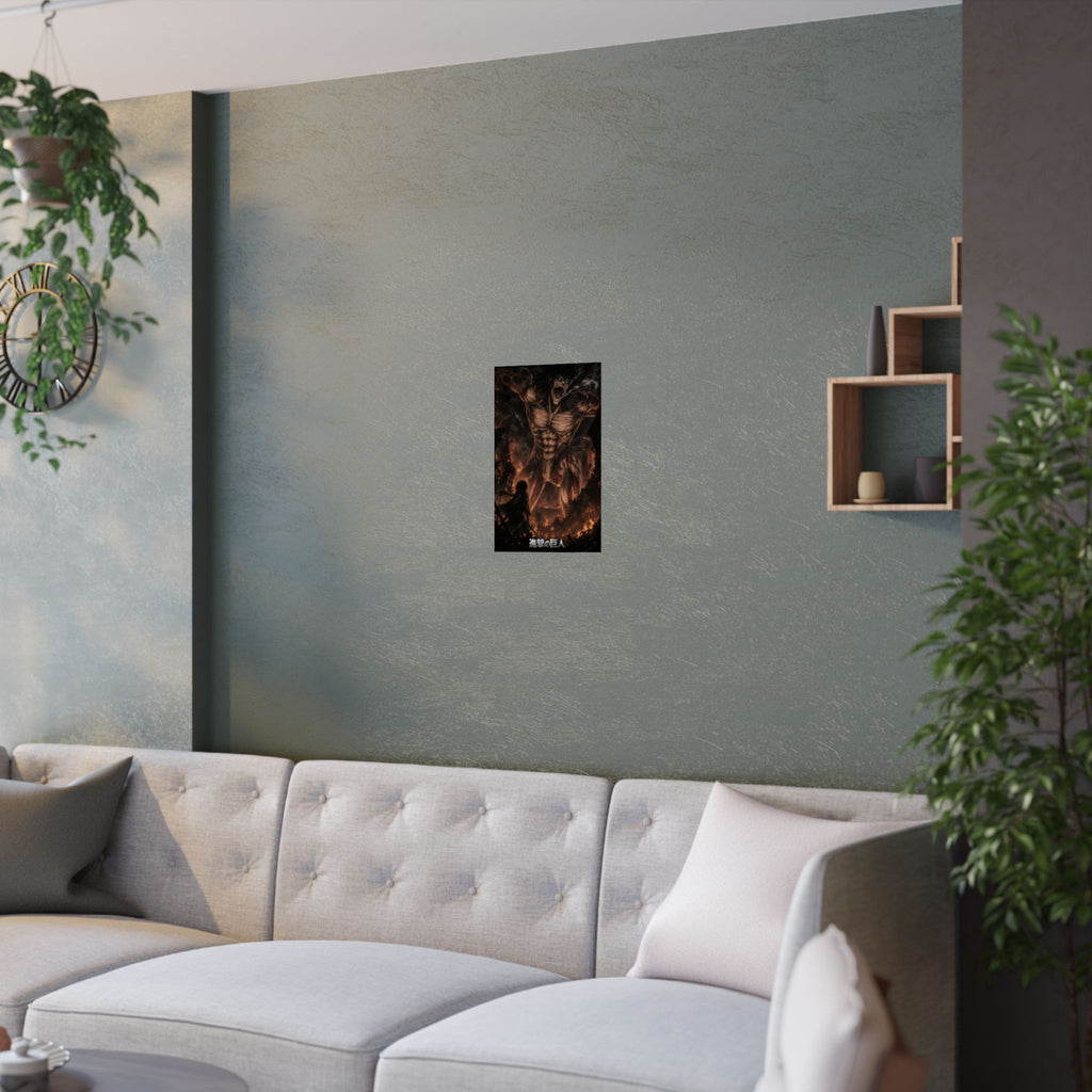 Eren Attack on Titan wall art displayed above a sofa