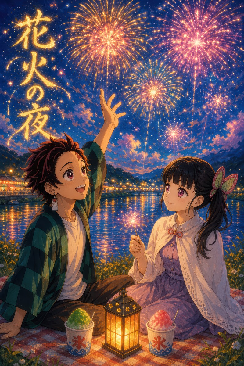 Demon Slayer Tanjiro Kanao Dreamy Fireworks Riverbank Anime Poster