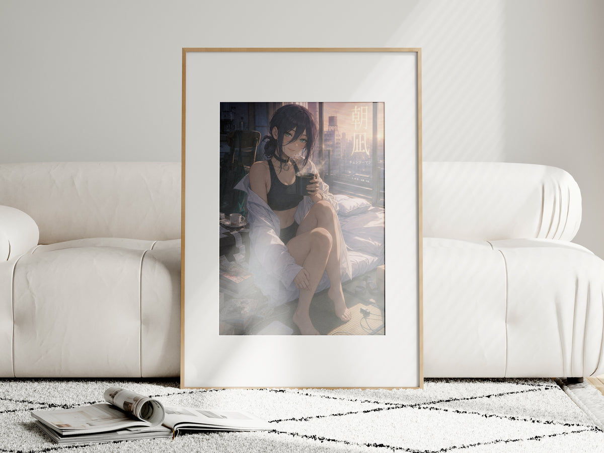 Reze Morning Coffee Chainsaw Man Anime Poster Dawn Apartment Art Print