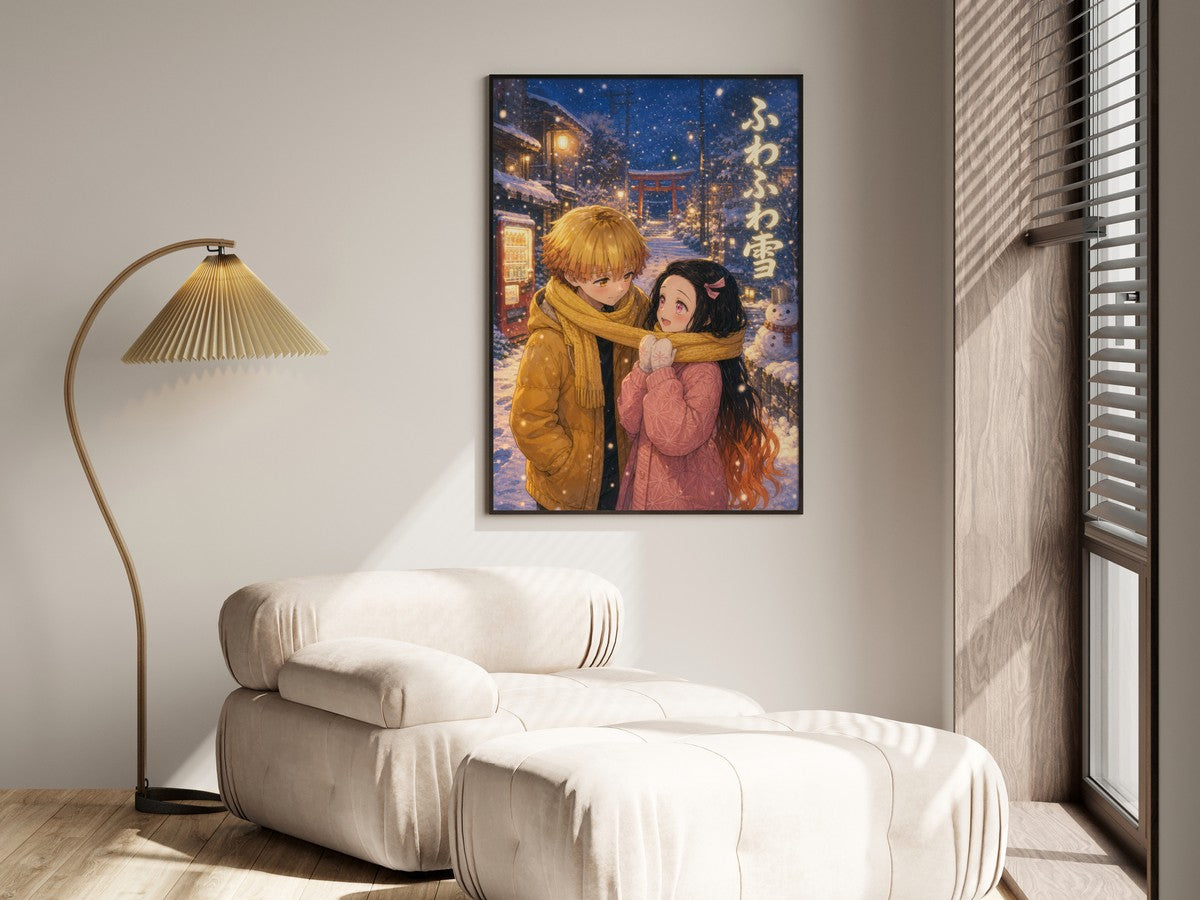 Demon Slayer Zenitsu Nezuko Dreamy Snow Scarf Anime Poster