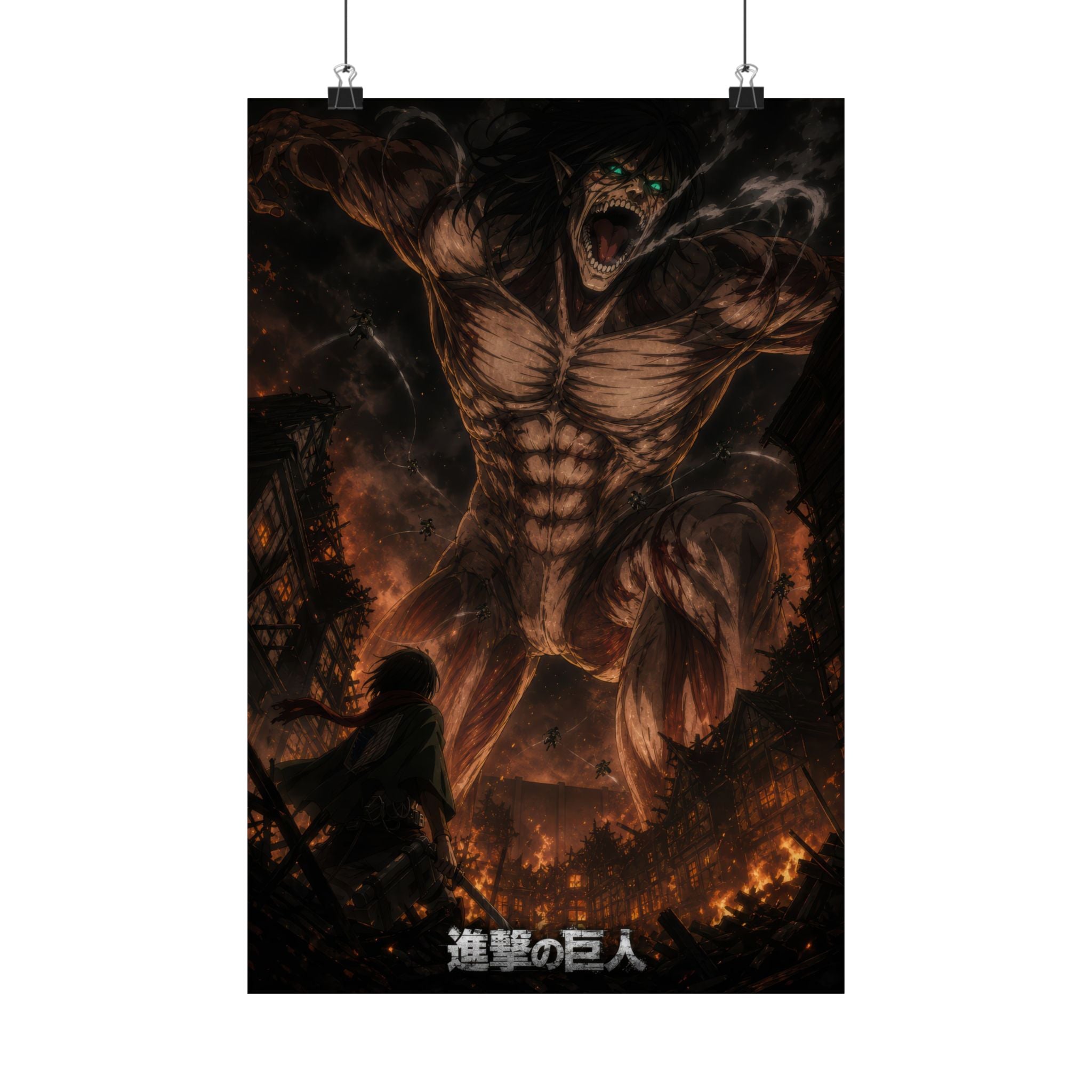 Unframed Eren Attack on Titan poster hanging with clips
