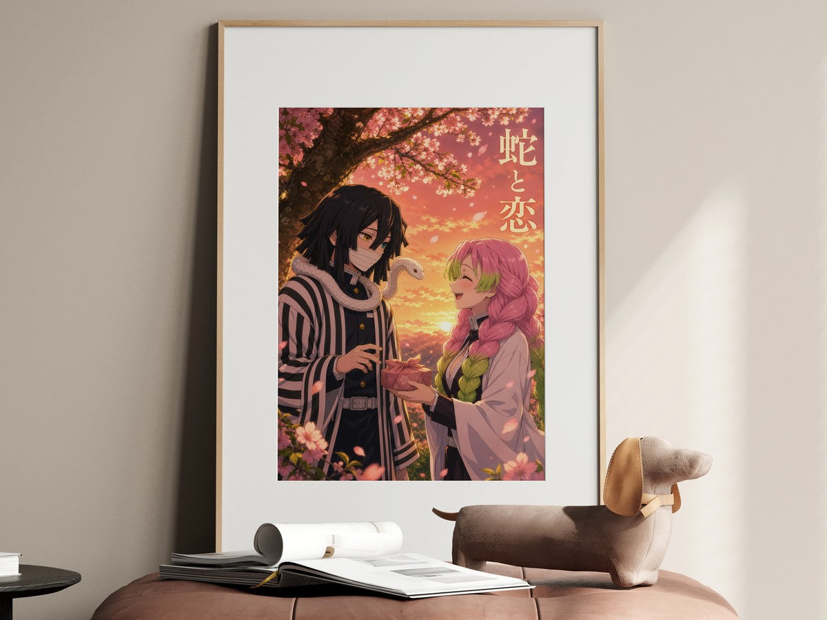 Demon Slayer Obanai Mitsuri Couple Golden Anime Poster