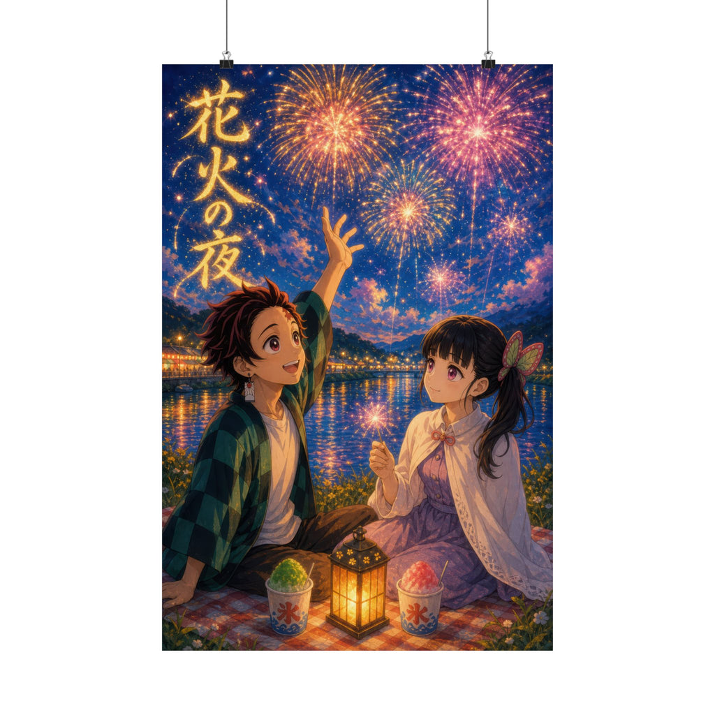 Demon Slayer Tanjiro Kanao Dreamy Fireworks Riverbank Anime Poster