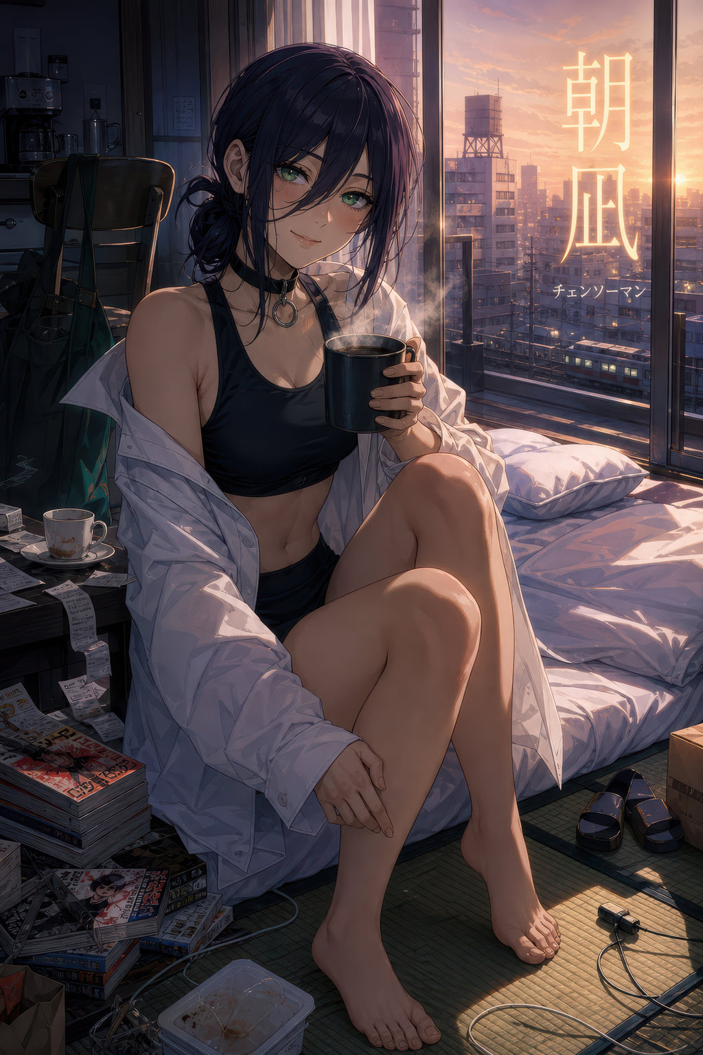 Reze Morning Coffee Chainsaw Man Anime Poster Dawn Apartment Art Print