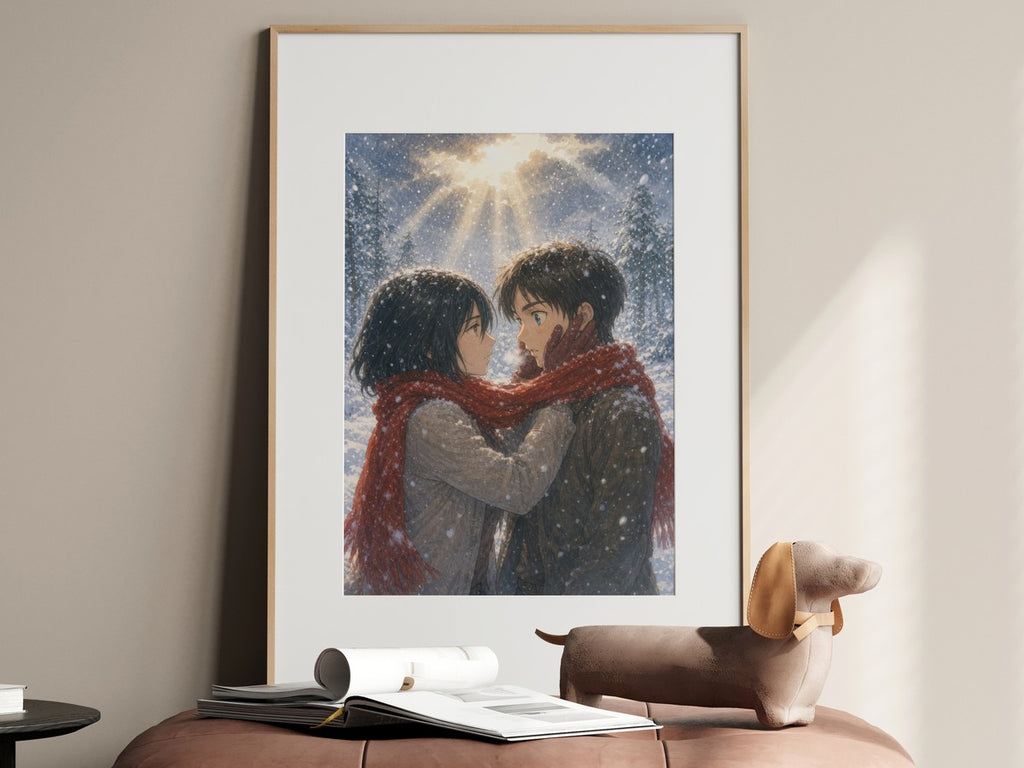 Attack on Titan Mik01Snow Mikasa Eorn Snow Embrace Watercolor Storybook Romance