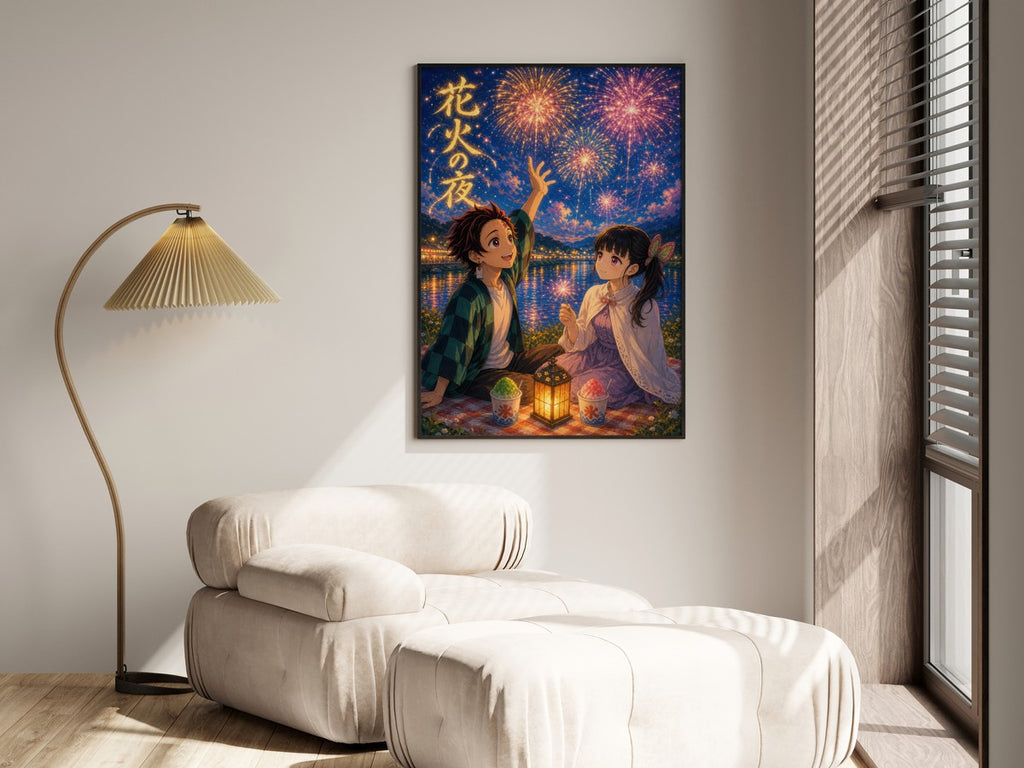 Demon Slayer Tanjiro Kanao Dreamy Fireworks Riverbank Anime Poster