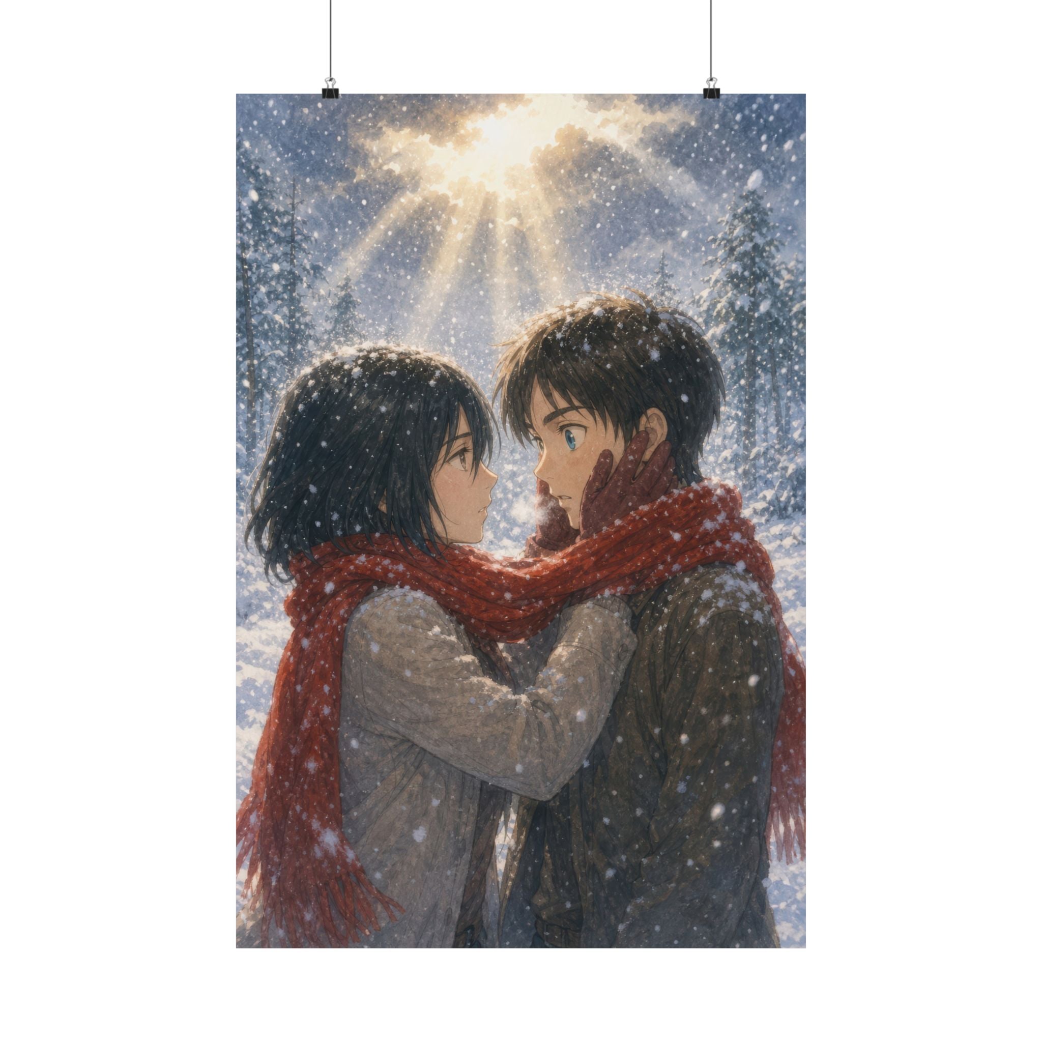 Attack on Titan Mik01Snow Mikasa Eorn Snow Embrace Watercolor Storybook Romance