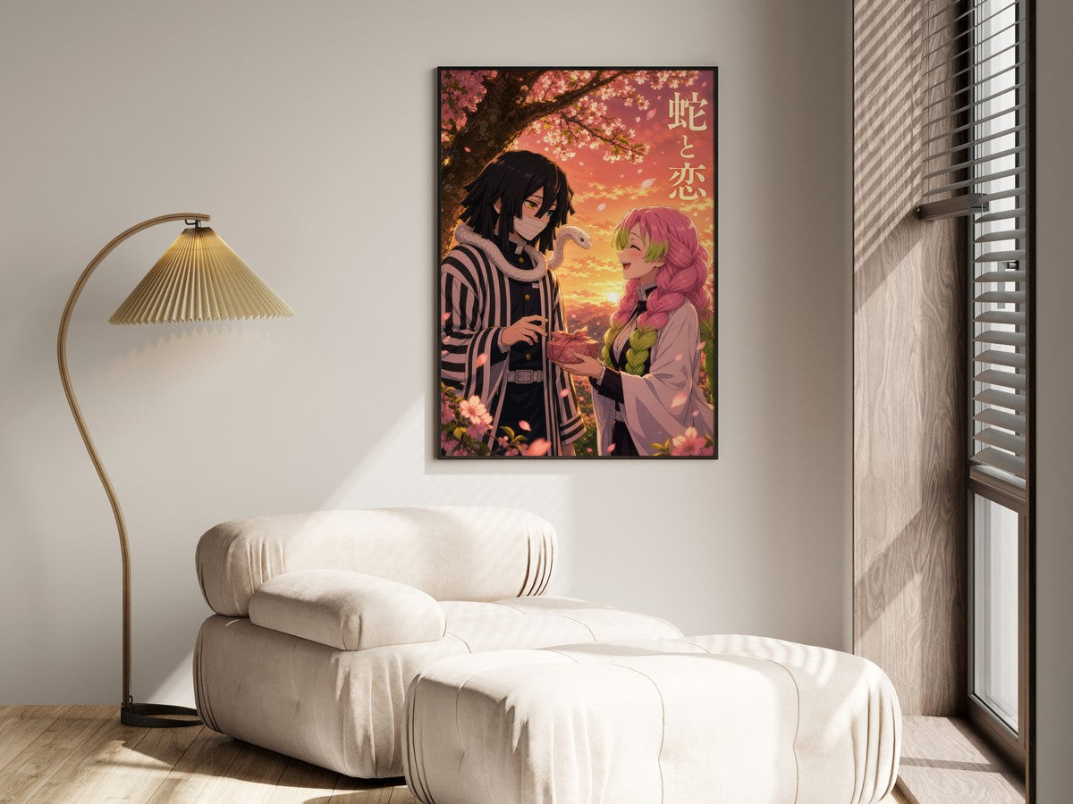 Demon Slayer Obanai Mitsuri Couple Golden Anime Poster